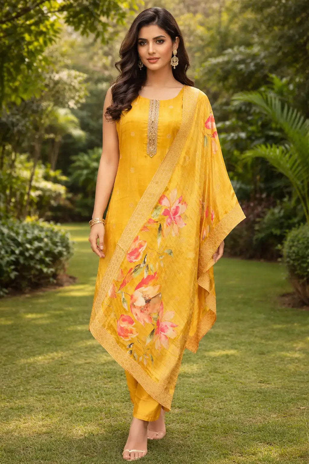 Mustard Yellow Floral Kurta Set with Dupatta